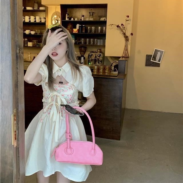 Set Áo Sơ Mi Chiffon + Đầm Hai Dây Họa Tiết Hoa Phong Cách Pháp Cho Nữ