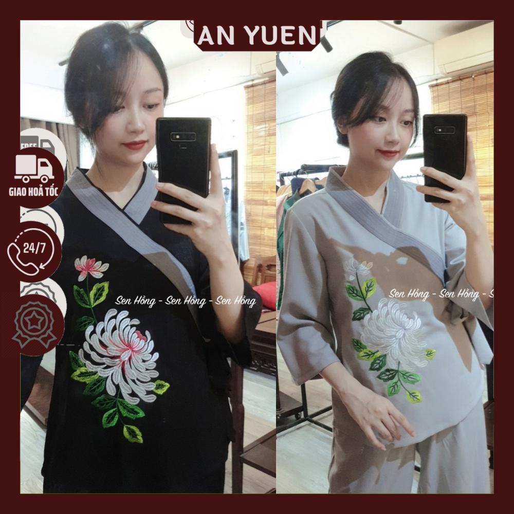 Quần áo Phật tử thiết kế # đồ lam nữ thêu hoa cúc thủ công - pháp phục vải đũi Hàn dày dặn B8
