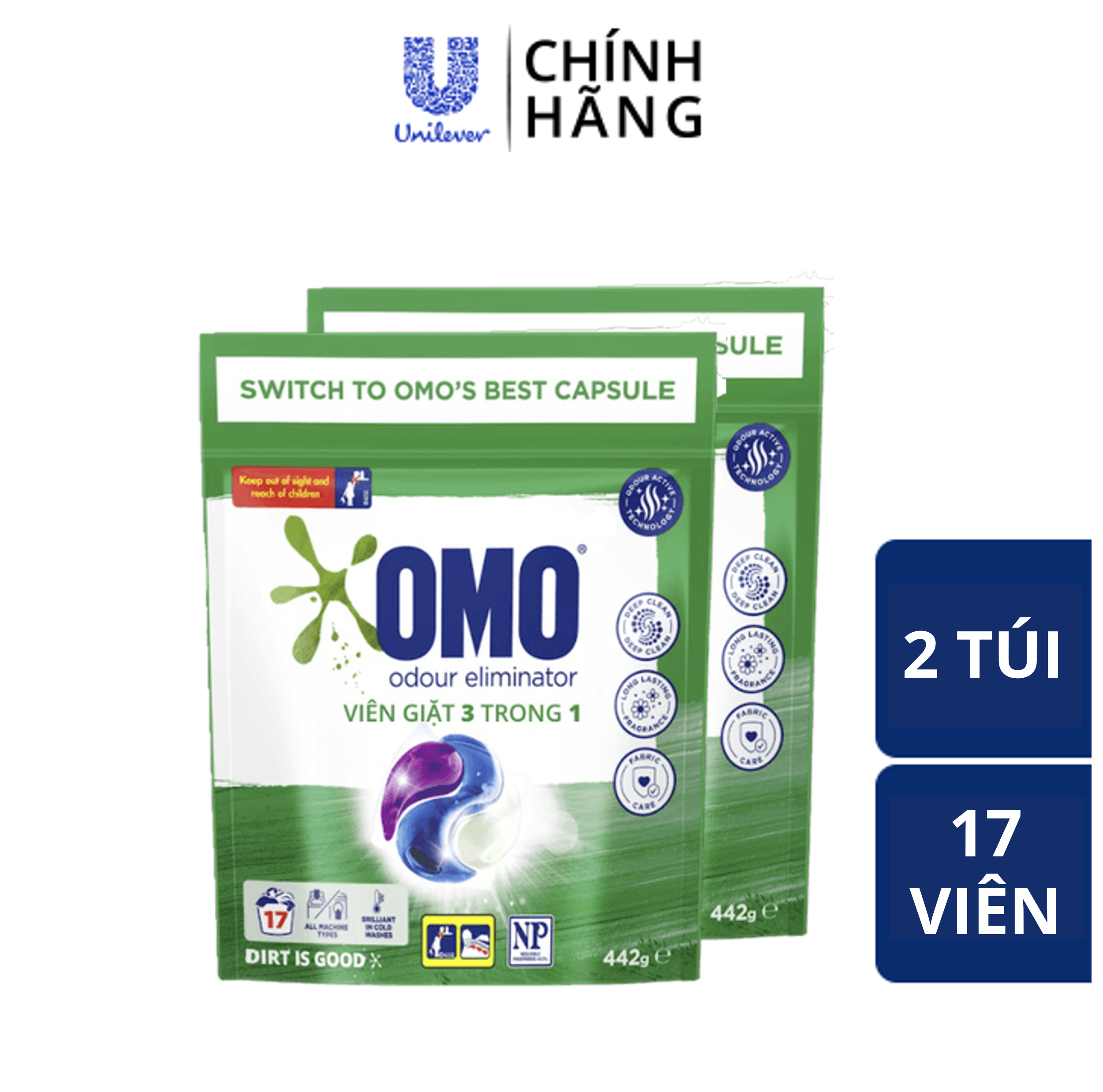 Combo 2 Túi Viên Giặt Tiện Lợi OMO Công Nghệ Anh Quốc - Khử Mùi (17 Viên/Túi)