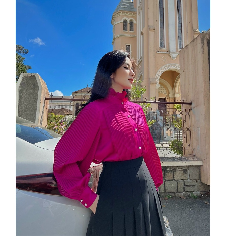 Áo sơ mi lụa satin HUONG BOUTIQUE HBSM944 cổ bèo, dập li toàn thân