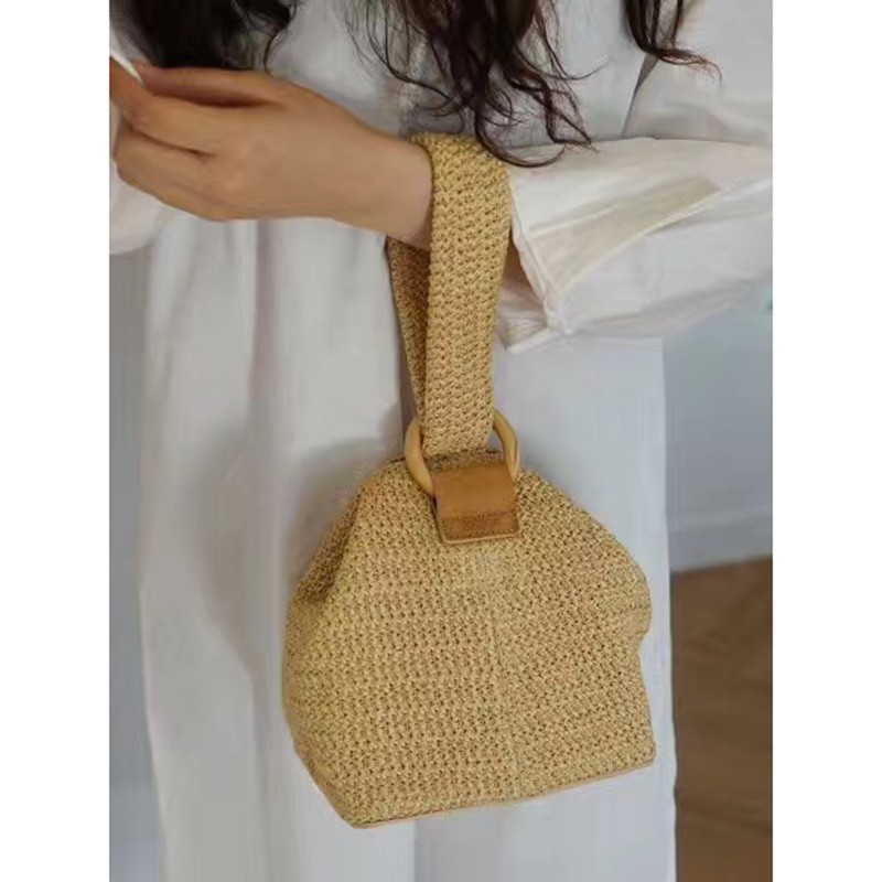 Túi cói Bằng Rơm Dệt Hình Vuông Nhỏ Có Khóa Vòng Dễ Thương