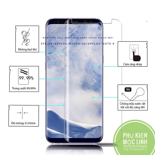 KÍNH CƯỜNG LỰC FULL KEO SẤY TIA UV SAMSUNG S7E S8 S8 PLUS S9 S9 Plus Note 8 Note 9 s10 s10plus