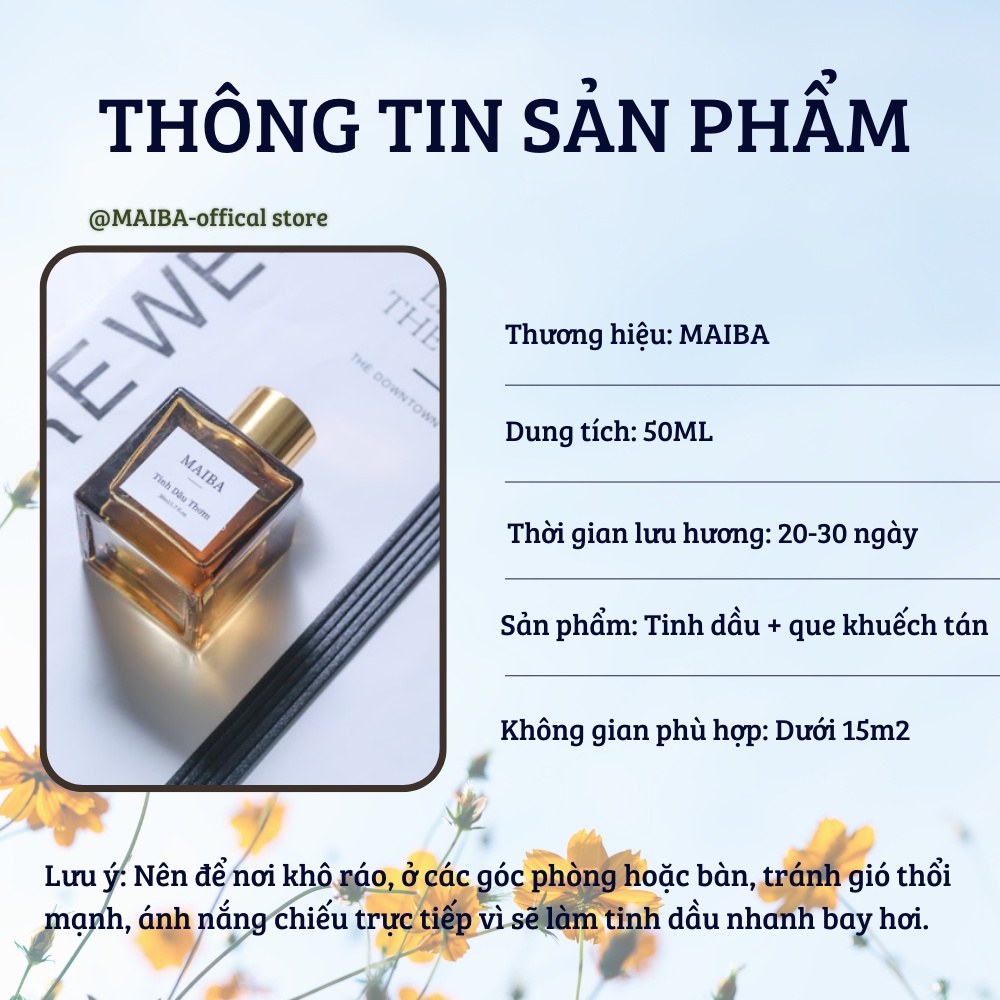 Tinh dầu thơm phòng thiên nhiên MAIBA hộp vàng sang trọng kèm que gỗ tự khuếch tán 50ml