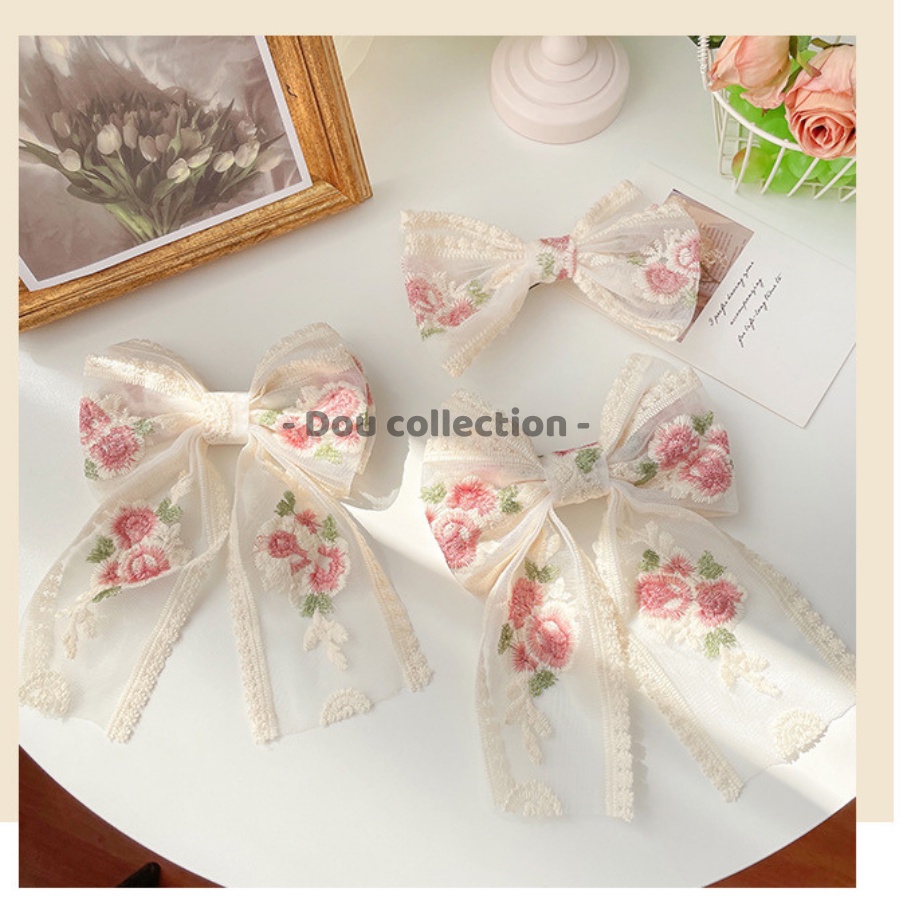 [NowShip2h] Kẹp Tóc Nơ Ren Họa Tiết Hoa Thêu Cao Cấp Tiểu Thư HANDMADE  - Mã KT017