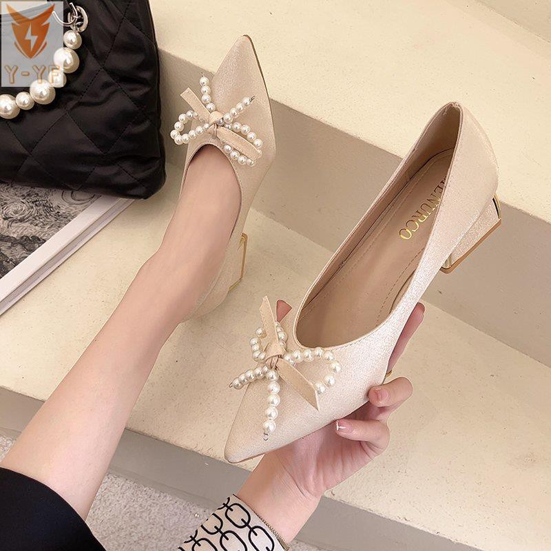 [High quality]2020 spring and autumn new high heels women's thick heels wild bow shallow mouth pointed single shoes mid-heel professional women's shoes