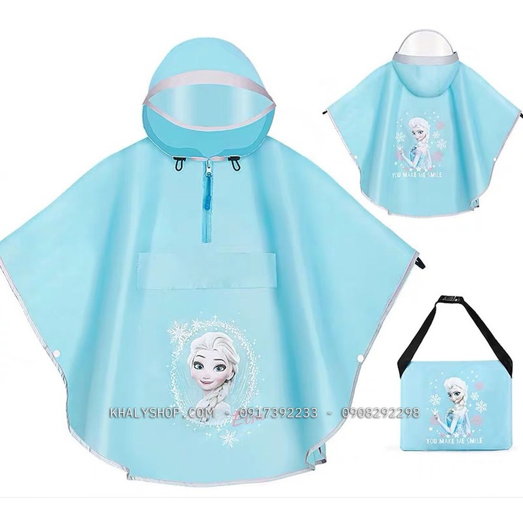 Áo mưa cánh dơi vải dù cao cấp hình công chúa Frozen Elsa và Anna màu xanh dương cho bé gái còn size (S,M,L,XL)