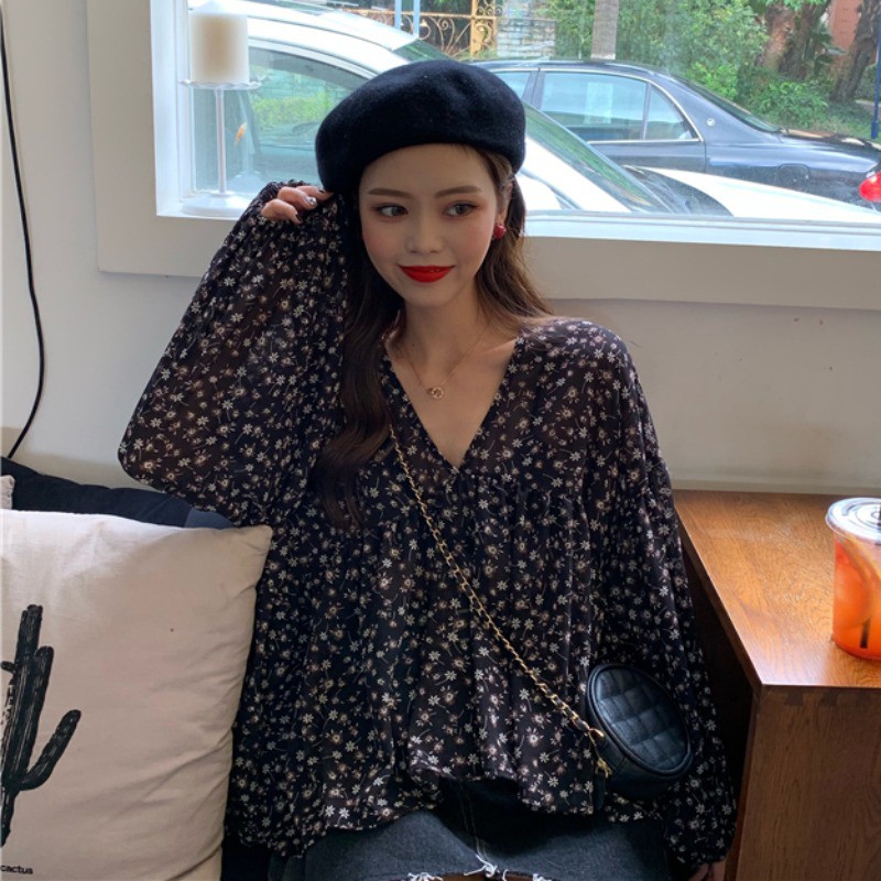 Áo voan hoa nhí tay bồng 2022, áo bánh bèo nữ tiểu thư tay dài cổ tim hàn quốc phong cách ulzzang