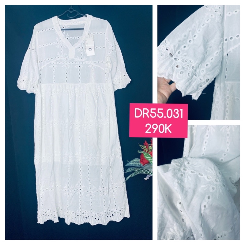 Đầm maxi trắng xô đẹp đục lỗ vintage boho bohemian