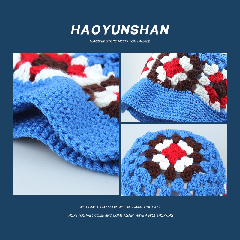 Mũ Bucket Đan Len Thủ Công Thoáng Khí Màu Sắc Tương Phản Phong Cách Nhật Bản Cho Nữ