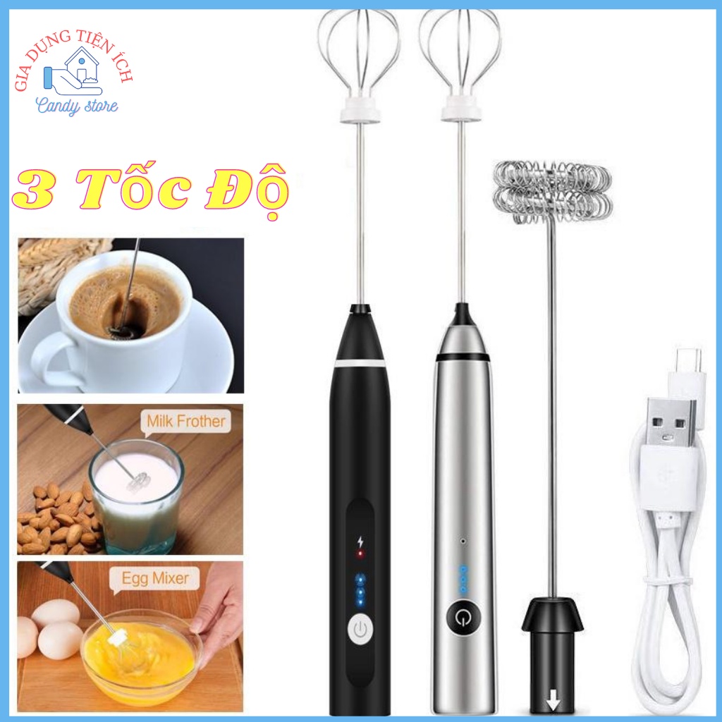 Máy đánh Trứng Cầm Tay Kèm Máy Tạo Bọt Cafe Chạy Điện Sạc USB 3 Tốc Độ Siêu Tiện Lợi