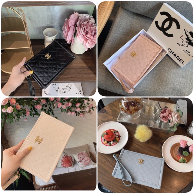 XẢ KHO SALE RẺ VÔ ĐỊCH Túi cầm tay Clutch da nhăn nhám kẻ chéo logo màu vàng kèm dây đeo cổ tay hàng fullbox