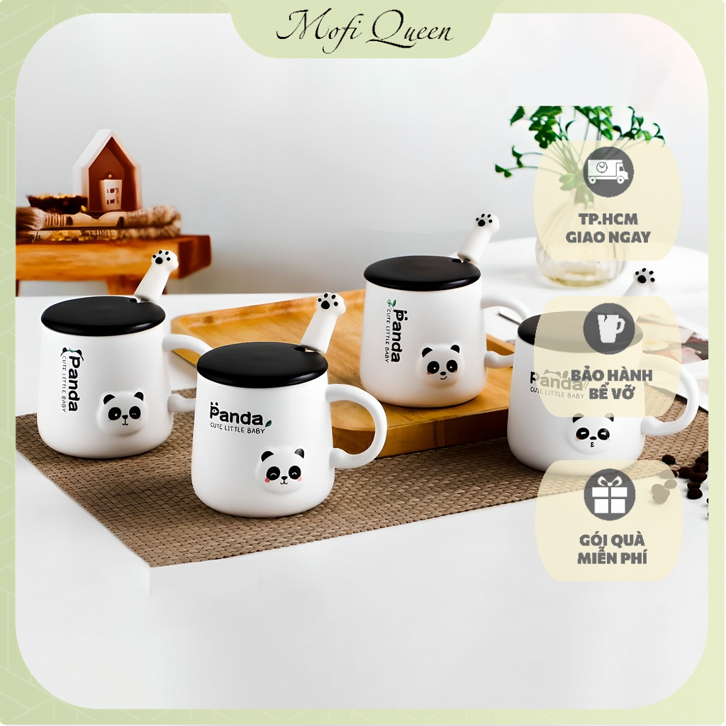 Bộ bình ly uống nước, Cốc dễ thương, cute nổi hình gấu trúc panda, kèm nắp và muỗng 380ml