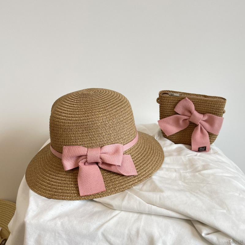 Set Mũ Và Túi Cói Đi Biển Phong Cách Công Chúa Cho Bé Gái