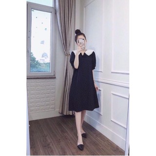 ĐẦM CHẤM BI PHỐI CỔ LÁ SEN TRẮNG