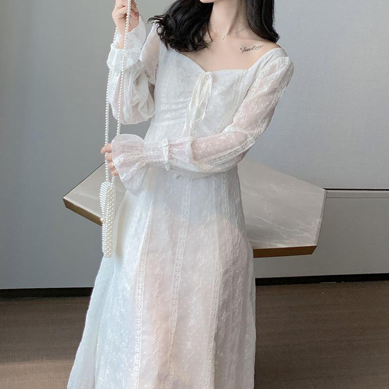 Lace Dress French Style Retro Trumpet Sleeve Square Collar Drawstring Waist-Controlled Slimming Long Sleeve Fairy Dress Female Temperament | BigBuy360 - bigbuy360.vn