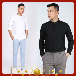 Áo Sơ Mi Nam Cổ Tàu Trắng/Đen 💖FREESHIP💖 Áo Sơ Mi Cổ Trụ Dài Tay Dáng Ôm Hàng Cao Cấp