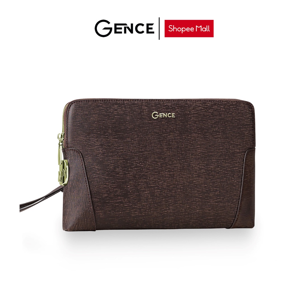 Túi Clutch nam công sở Gence cầm tay da bò saffiano nâu cao cấp CK11