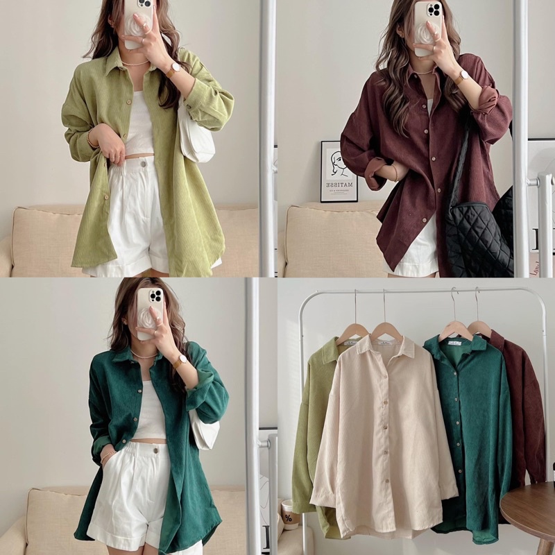 [Ảnh thật/Video] Áo Sơ Mi Nhung TĂM Unisex Form Rộng Hàn Quốc - Áo sơ mi nữ basic phong cách kiểu màu Vintage