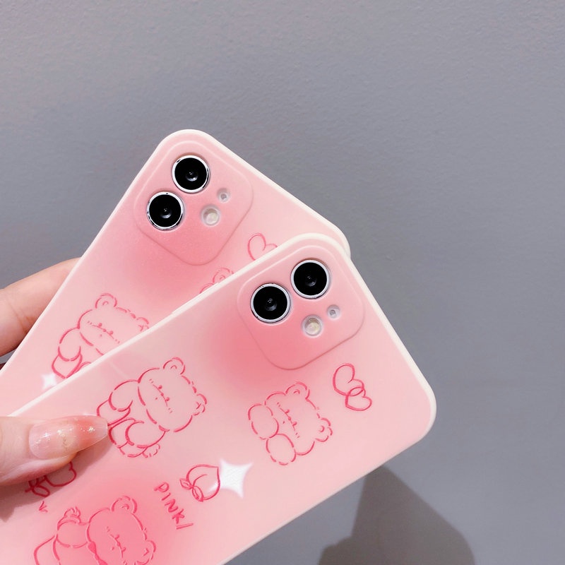 Casing Soft TPU Straight Edge Phone Case for OPPO A76 A36 A55 A16 A74 A95 A73 A94 A93 A54 A31 A91 A5 A9 2020 A15 A15S A53 A33 A52 A92 F11 F9 A7 A5S AX7 A3S A12e A1K F1S Reno 5F 4F 3 4 5 6 5G 4G Motif Pink Peach Bear