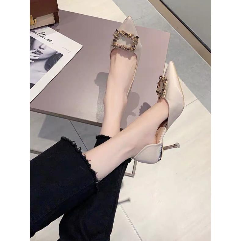 Giày cao gót 7cm mũi nhọn khoá vuông khoét eo HoD