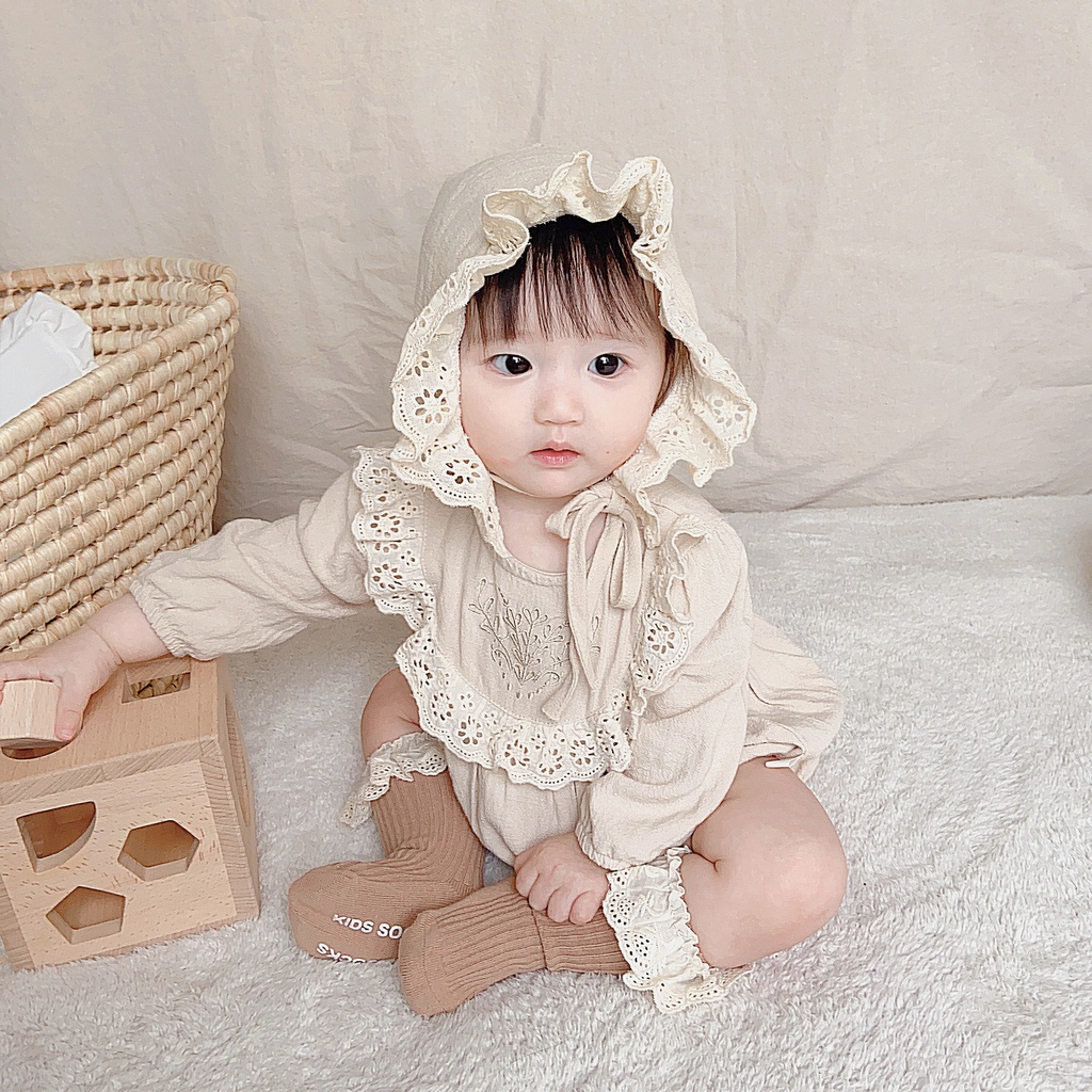 Bộ Áo Liền Quần Tay Dài + Mũ Thời Trang Mùa Thu Dễ Thương Cho Bé Gái