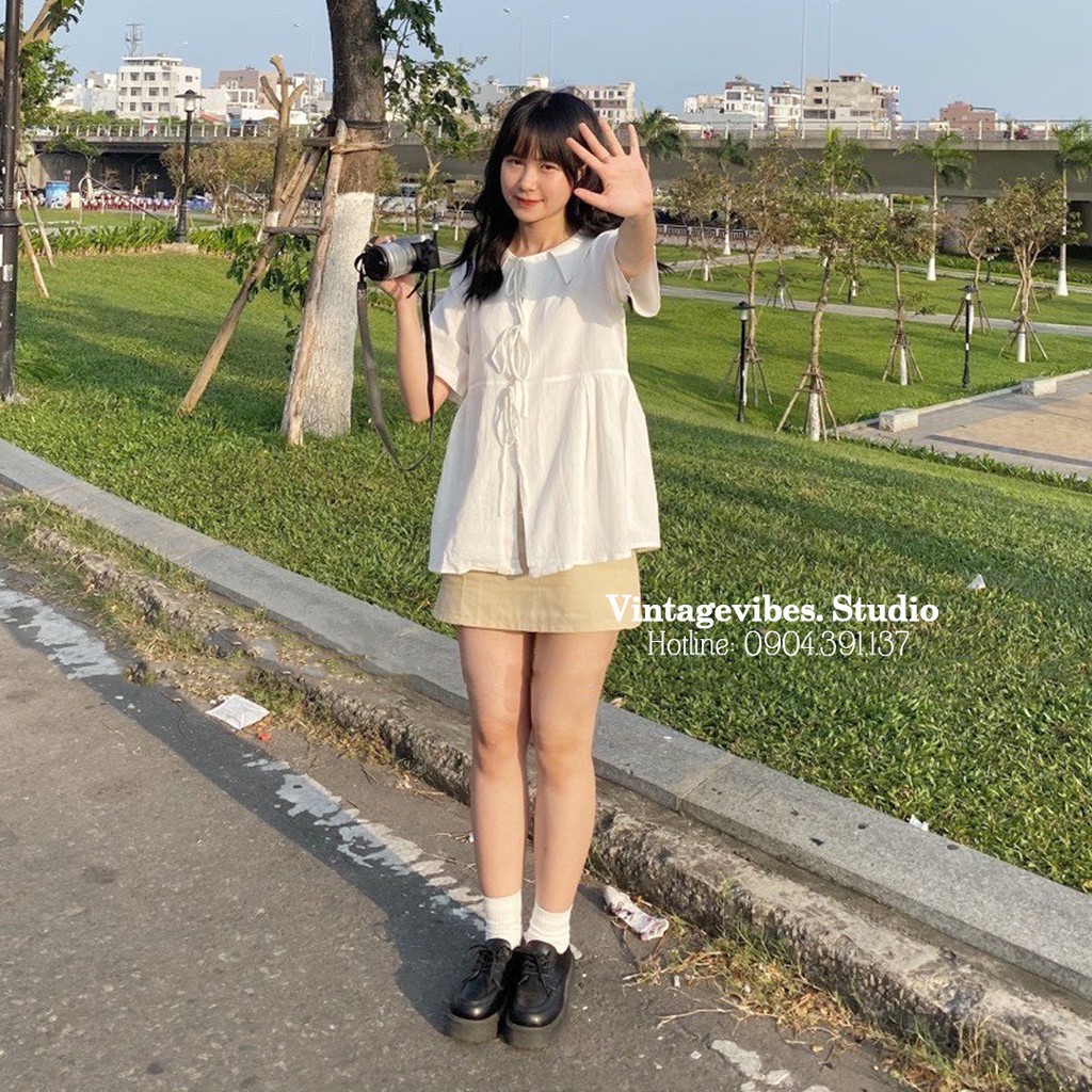 Áo babydoll cổ 3 nơ tiểu thư kèm chân váy Ulzzang (hàng QCCC) - Ảnh thật + Video thật