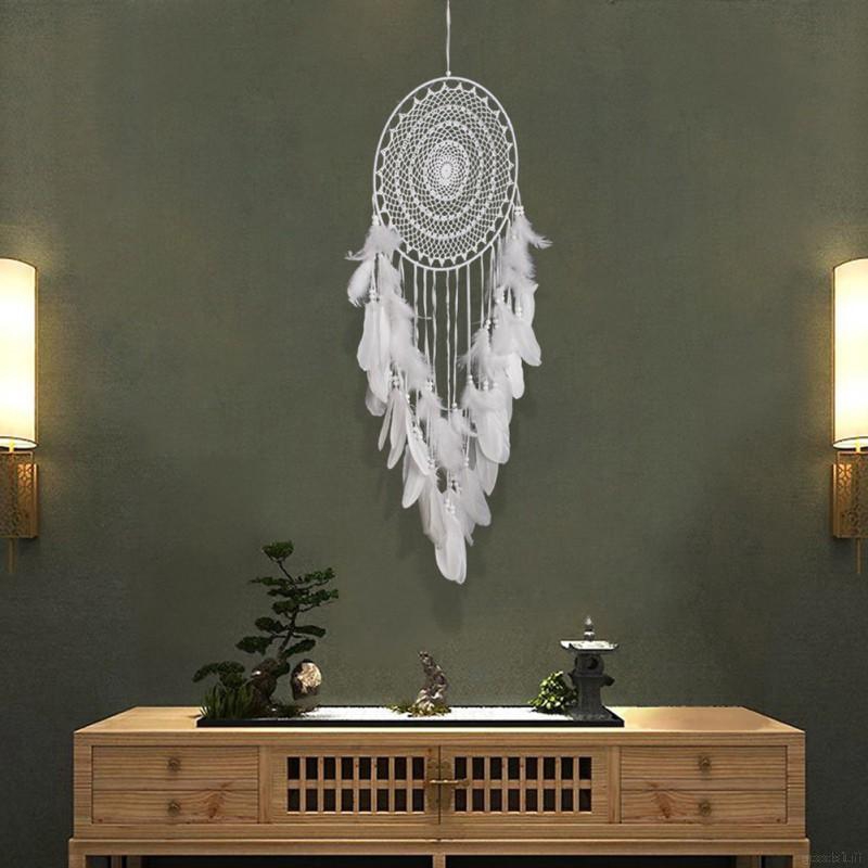 Dreamcatcher handmade phối ren hoa/lông vũ màu trắng treo trang trí xe ô tô