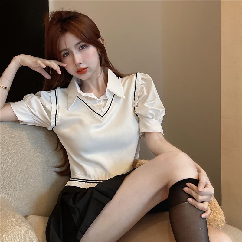 Áo Sweater Ngắn Tay Cổ POLO Giả Hai Lớp Thời Trang Cho Nữ  tao bao
