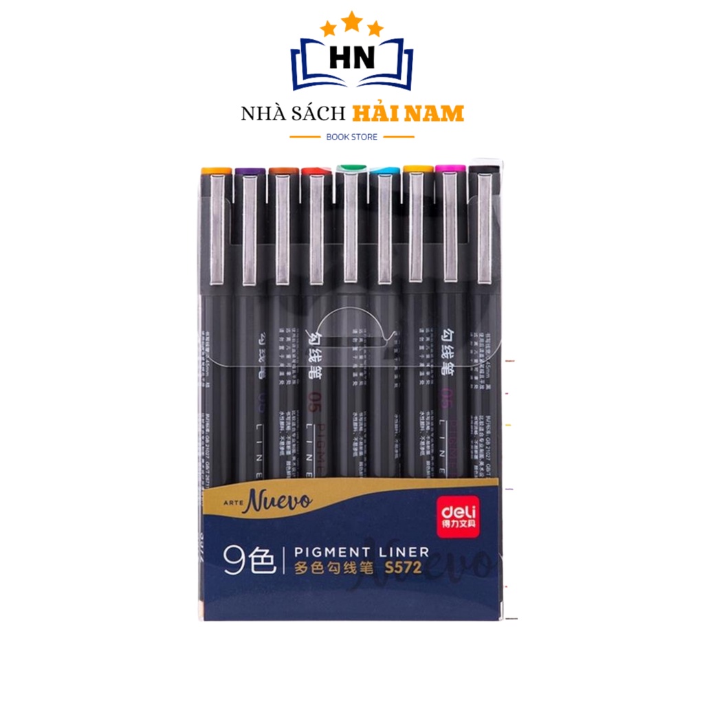 Bút line DELI đi nét nhiều màu ngòi bọc kim loại 0.5mm bộ 9 chiếc S572