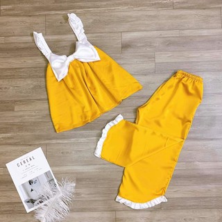 Set lửng mặc nhà lụa mềm mịn cánh tiên phối nơ