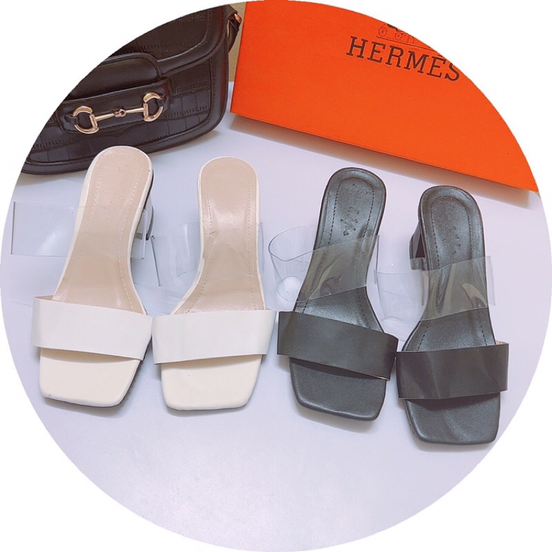 Dép cao gót quai mảnh da lì phối quai trong gót vuông 7cm