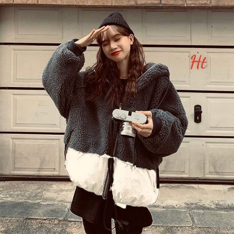 Hàng hot áo lông mũ thêu phối nỉ  Áo lông phối nỉ mũ UTHE 3 màu: be, đen, xám Chất lông mịn phối nỉ