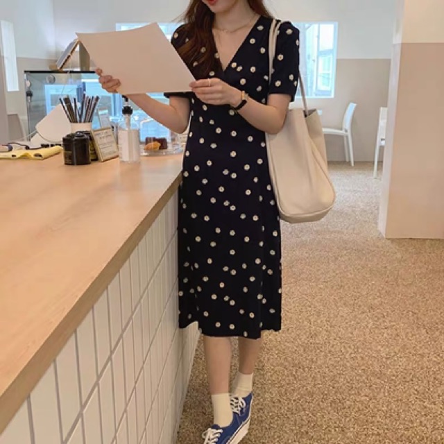 Váy cổ chéo dáng dài qua gối hoạ tiết cúc hoạ mi Ulzzang style🌸 VKE8029 Hàng Quảng Châu