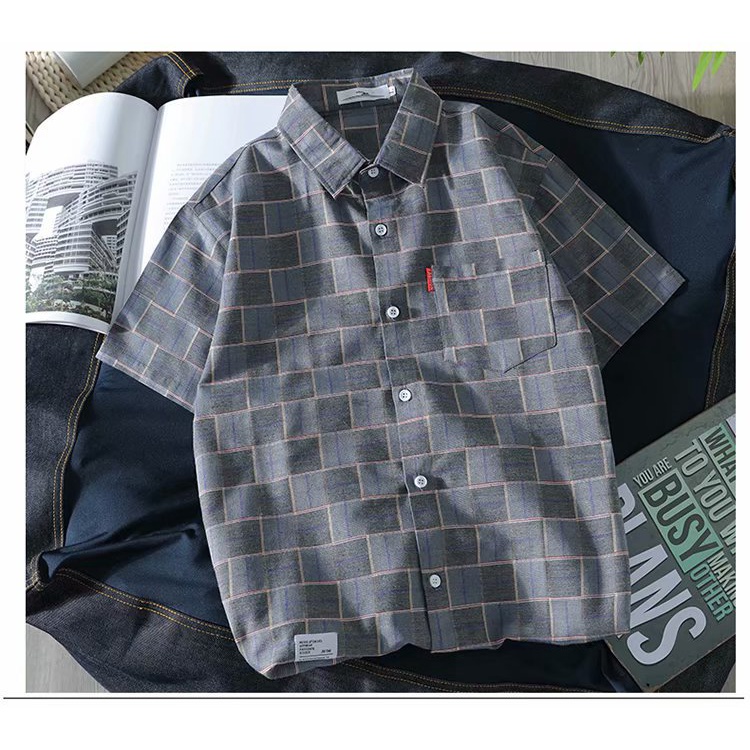 Sơ mi nam form rộng kẻ ô tay cộc vải kate mềm mát, thích hợp mùa hè, hàng nhập Quảng Châu