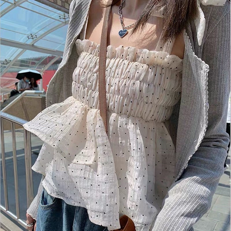 Áo Hai Dây Babydoll Chấm Bi Thắt Nơ Vai Xinh Xắn