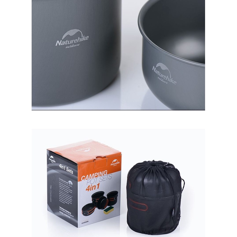 BỘ NỒI DÃ NGOẠI 4 MÓN NATUREHIKE NH15T401-G | NỒI NHÔM DU LỊCH XẾP GỌN