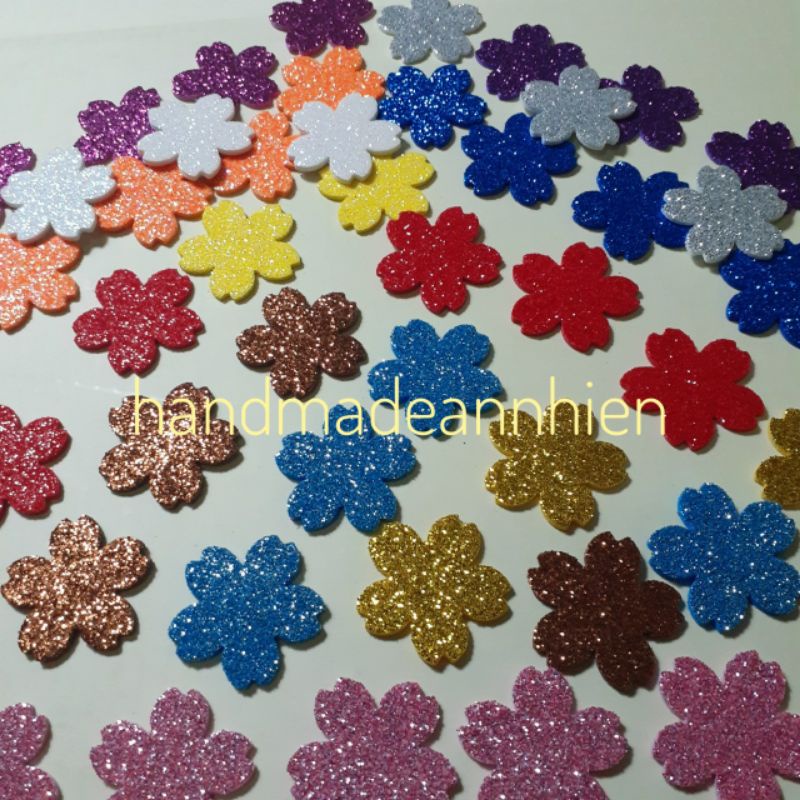 50 - 100 Hoa đào 3.5cm, 2.3cm, bằng giấy xốp kim tuyến - Hình trang trí thiệp, bưu thiếp, phong thư, bao lì xì,...