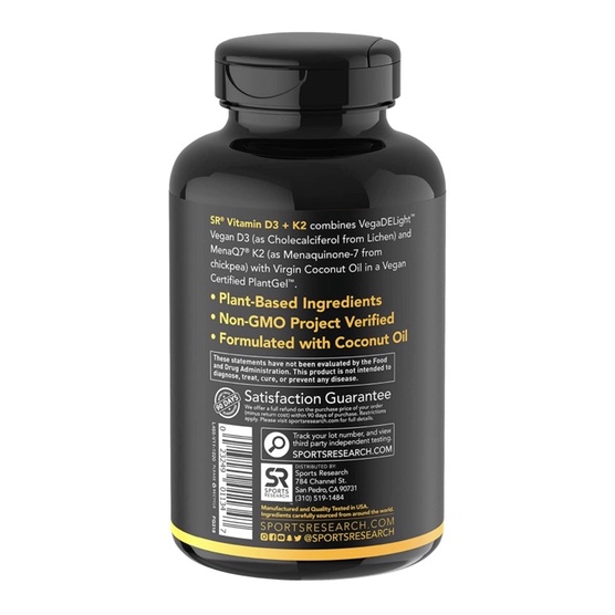 Vitamin D3 + K2 Sports Research | Hấp Thụ Canxi, Tăng Chiều Cao, Ngăn chặn sỏi thận, Tắc nghẽn mạch máu 60 viên USA