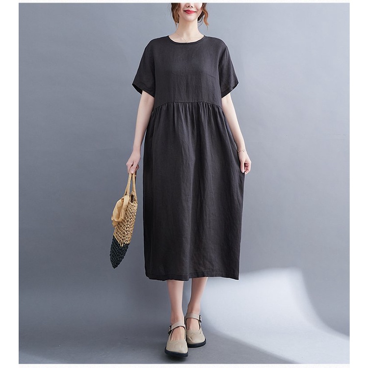 Đầm suông nữ dáng babydoll form rộng đơn giản vải đũi mát thời trang phong cách Nhật Bản