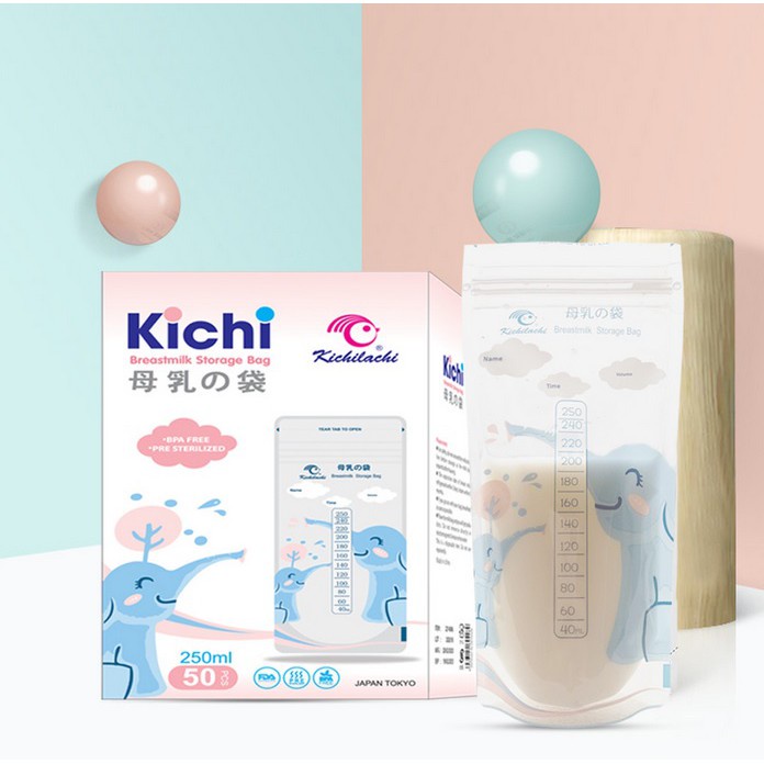 (Tặng kèm 01 bút dấu) Hộp 50 túi trữ sữa Kichi dung tích 250ml họa tiết Voi con đáng yêu