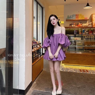 Váy tím trễ vai tay bồng xinh xắn đầm suông nữ dáng xòe HN_123