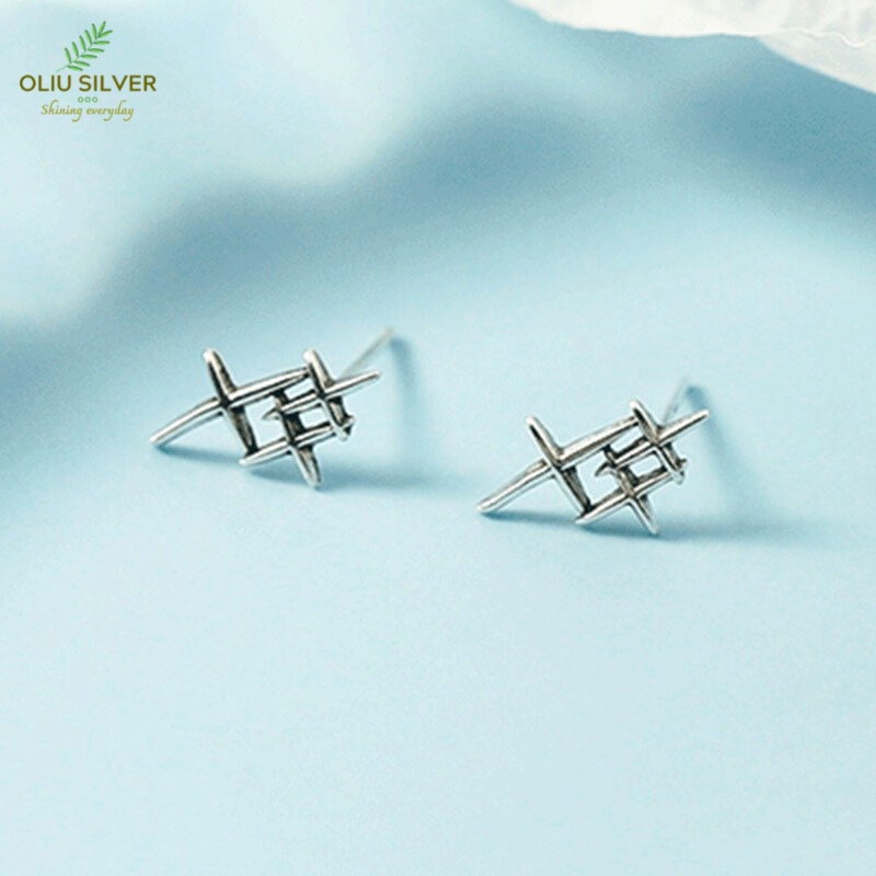 Bông Tai Bạc Thái S925 Retro Cross Star Ngôi Sao Trẻ Trung Cá Tính | Khuyên Tai Nữ Trang Sức Bạc Thời Trang