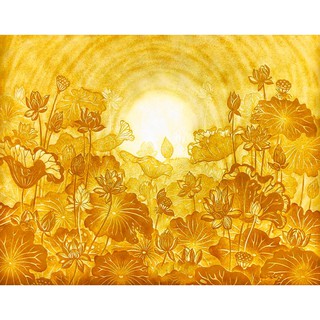 Tranh dán tường 3D phòng thờ - tranh dán tượng sau tượng phật - vải lụa kim tuyến