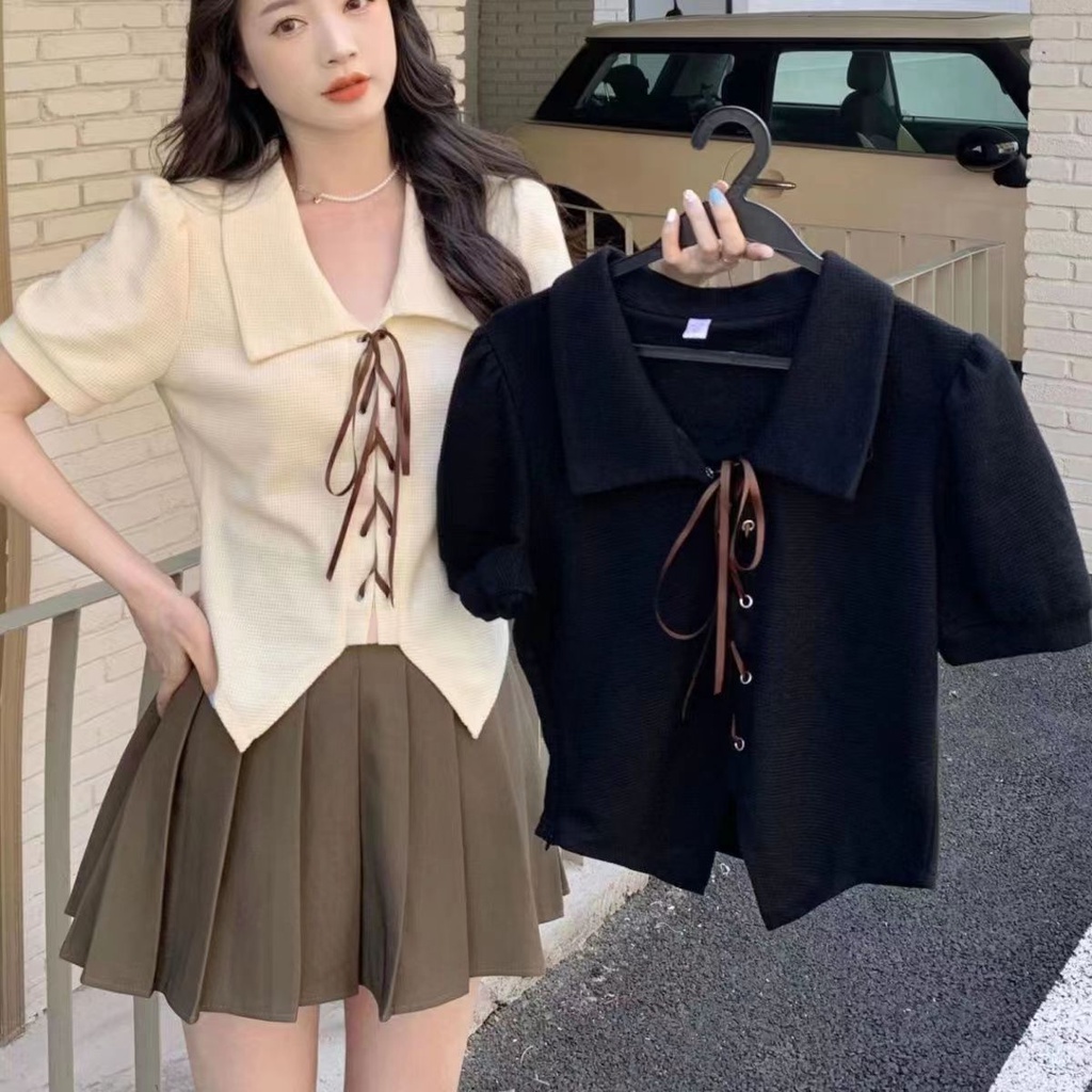 Áo thun nữ croptop đẹp tay ngắn cổ bẻ thắt dây thời trang công sở cao cấp NITEHY 1