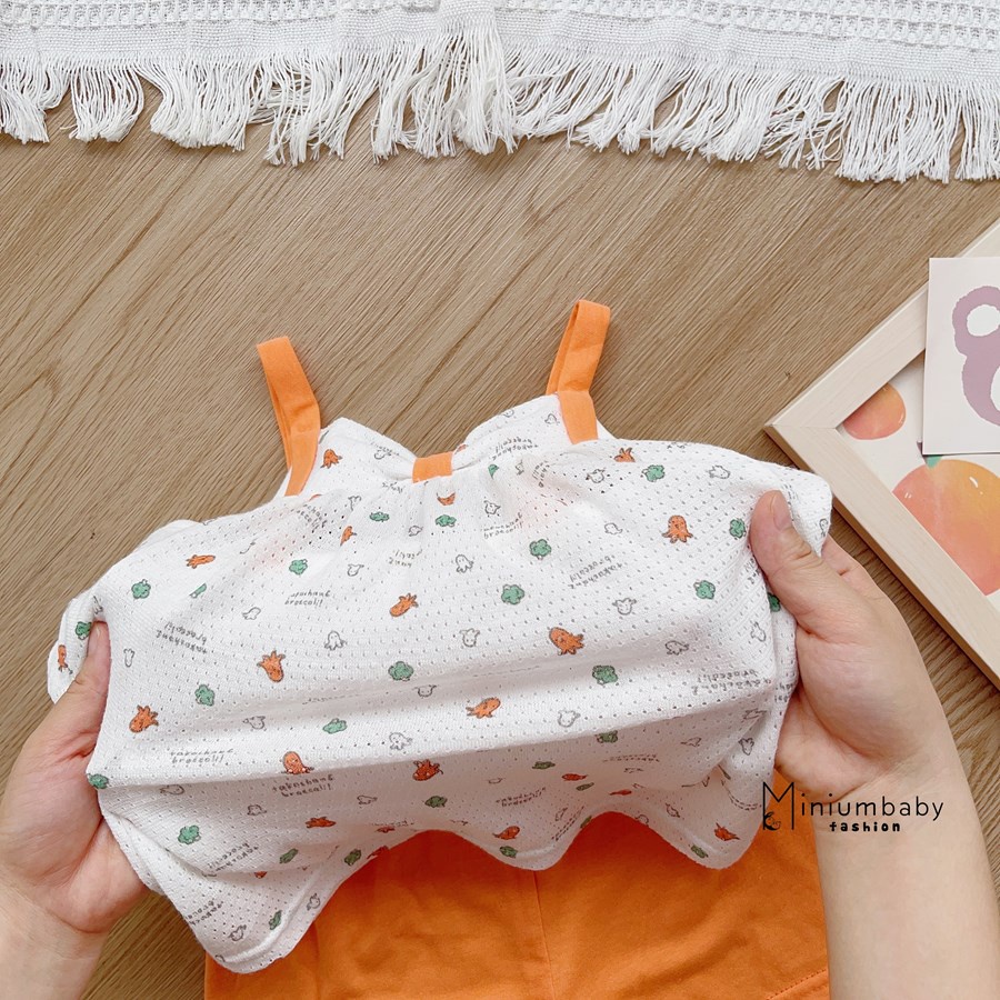 Bộ 100% cotton 2 dây xinh xắn mặc mùa hè cho bé gái miniumbabyfashion, set trẻ em mềm, mát- SB1596