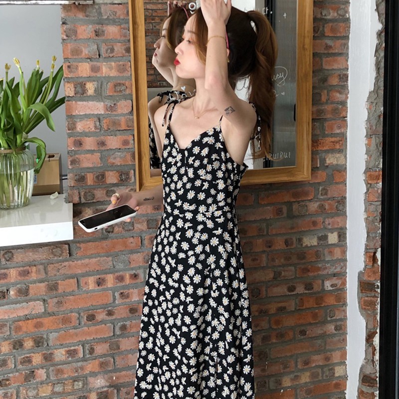 Đầm hai dây in họa tiết hoa cúc phong cách Nhật Bản thời trang mùa hè dành cho bé gái