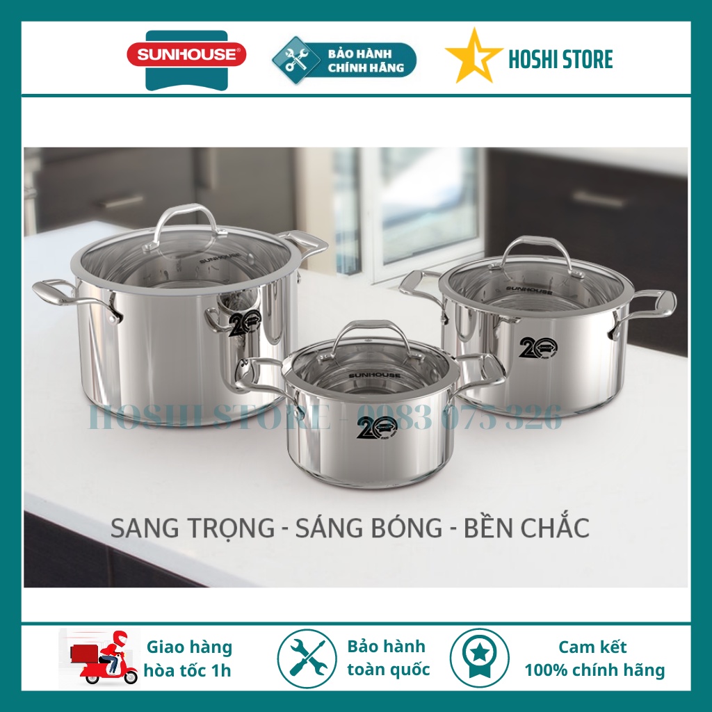 Bộ nồi inox 304 5 lớp 18 – 22 – 26 cm Sunhouse Mama SHG2020