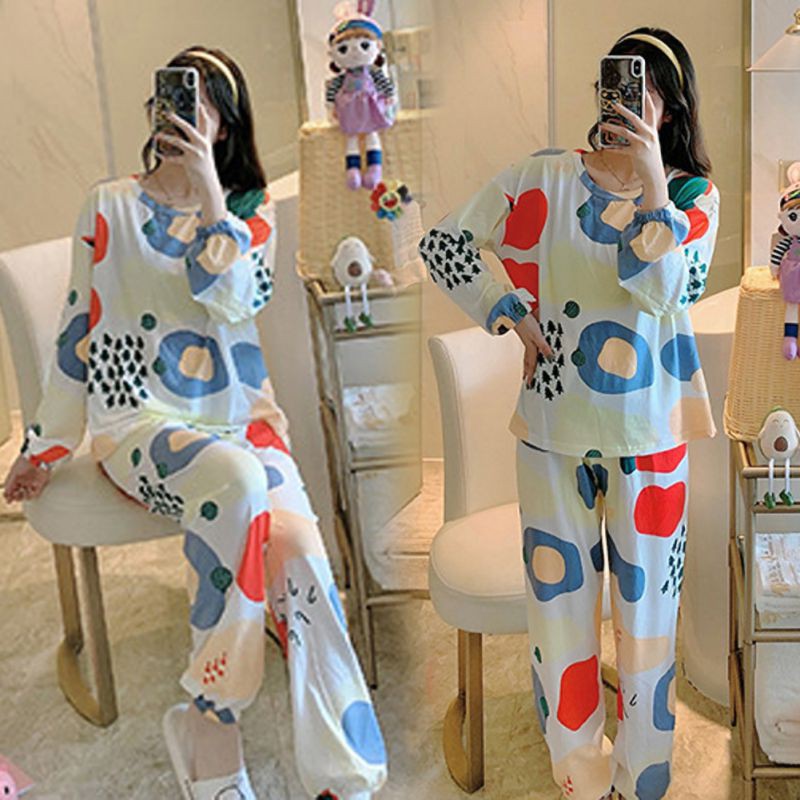 Bộ Đồ Mặc Nhà 2 Món Tay Dài Dáng Rộng Vải Cotton