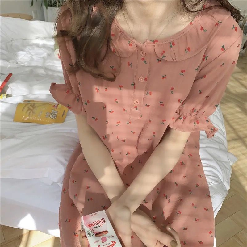 Korea sweet pajamas women summer net red cute princess style nightdress girls can wear home clothes outside long comfortable dress