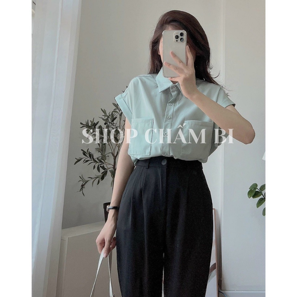 Áo kiểu nữ A.241, Áo sơ mi kiểu cổ vest túi ngực tay sắn gấu phong cách Hàn Quốc